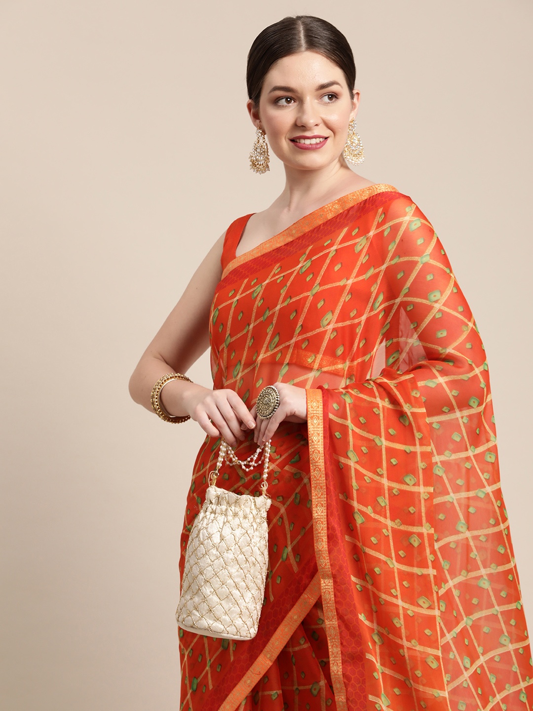 

Saree mall Orange & Beige Checked Bandhani Sarees