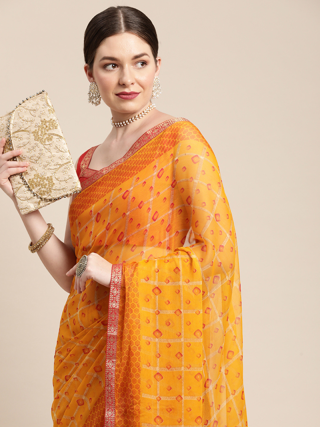 

Saree mall Yellow Checked Bandhani Sarees