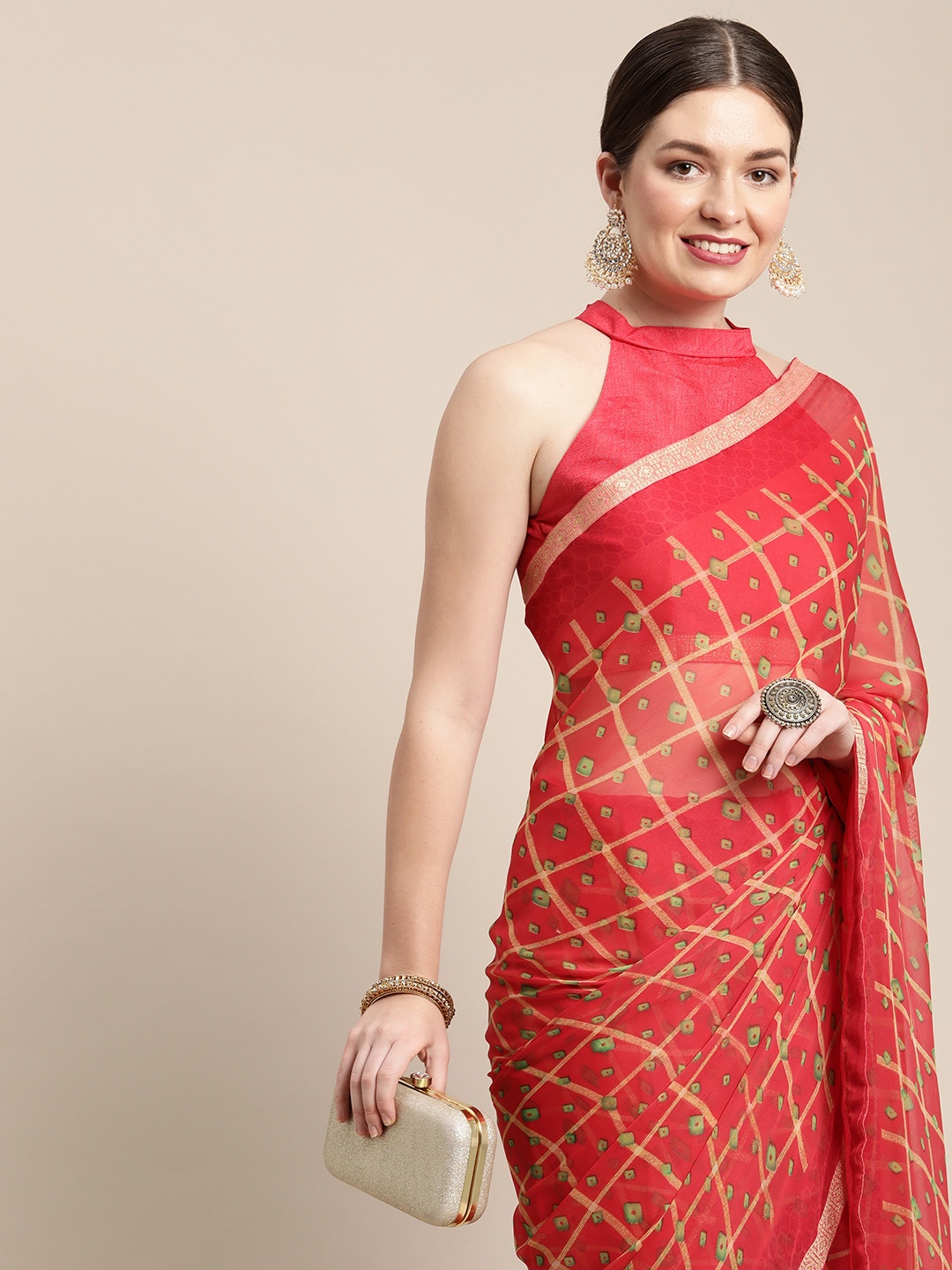 

Saree mall Red Checked Bandhani Sarees