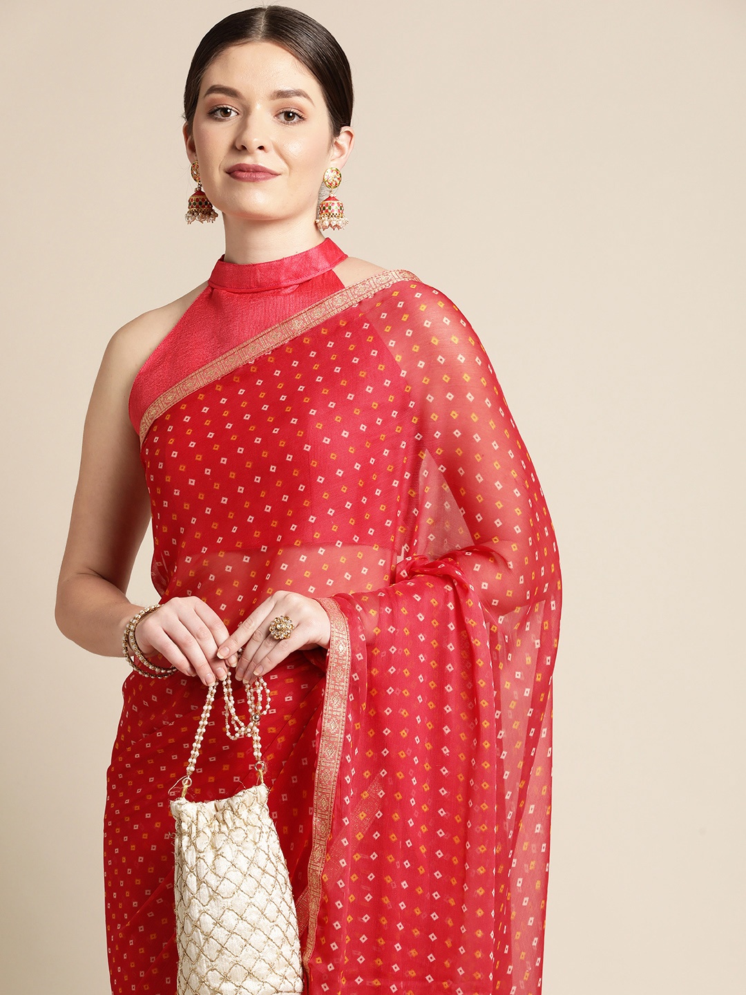 

Saree mall Red & White Bandhani Sarees