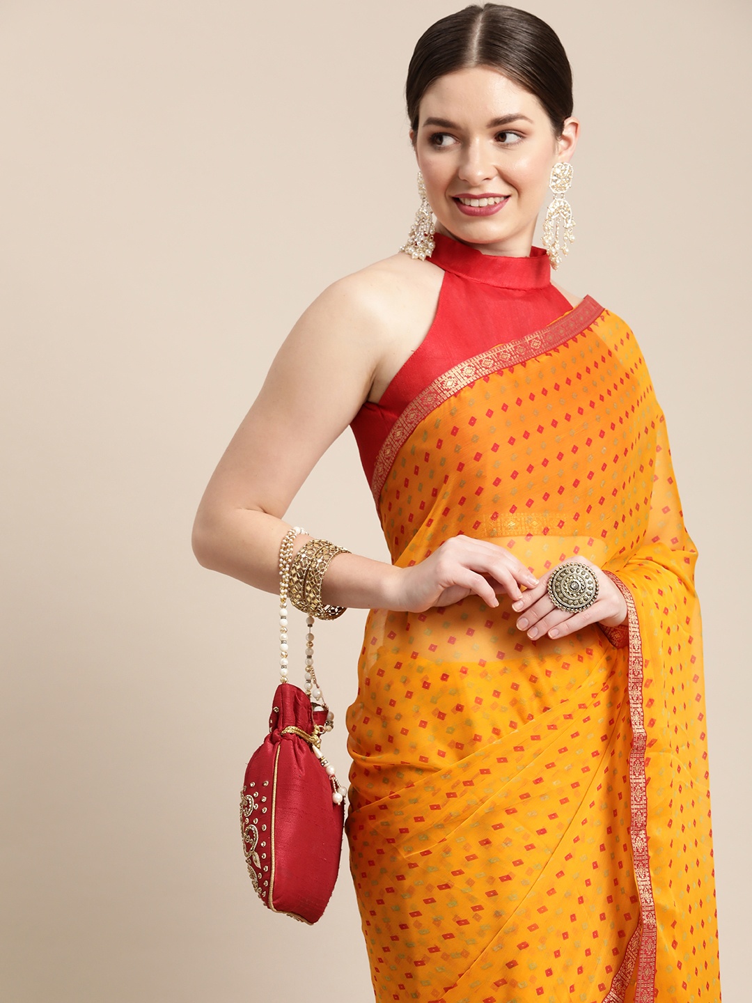 

Saree mall Yellow & Red Bandhani Sarees