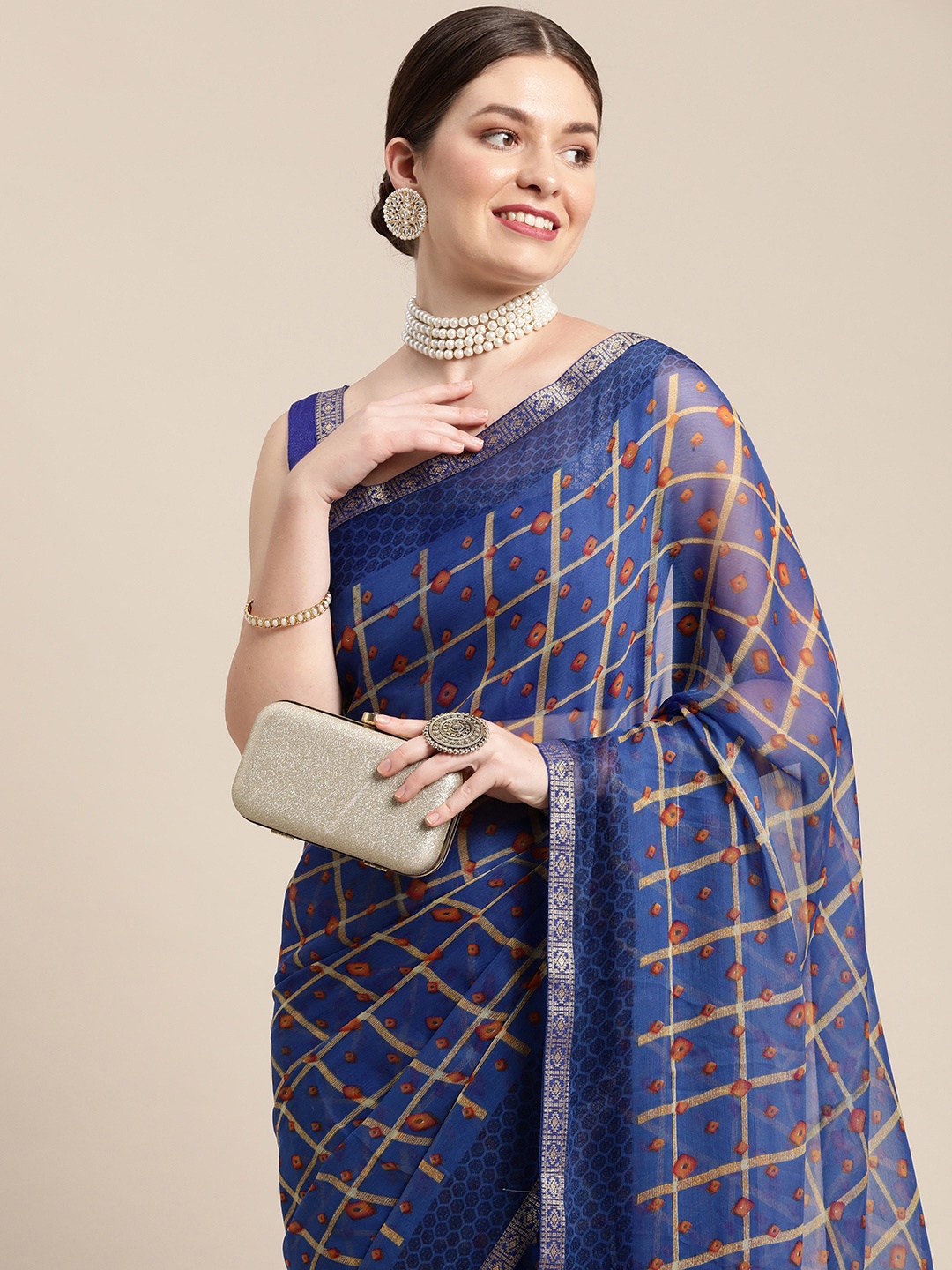

Saree mall Blue Checked Bandhani Sarees