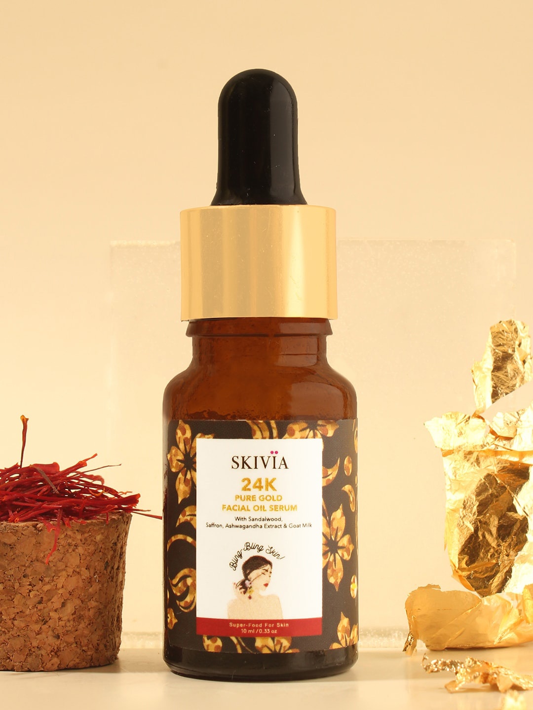 

SKIVIA 24K Pure Gold Facial Oil Mini Serum with Sandalwood & Saffron - 10 ml, Brown