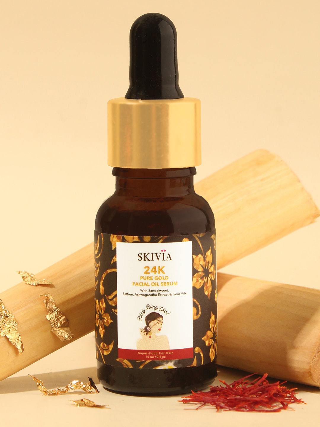 

SKIVIA 24K Pure Gold Facial Oil Serum with Sandalwood & Saffron to Revives Elasticity-15ml, Brown