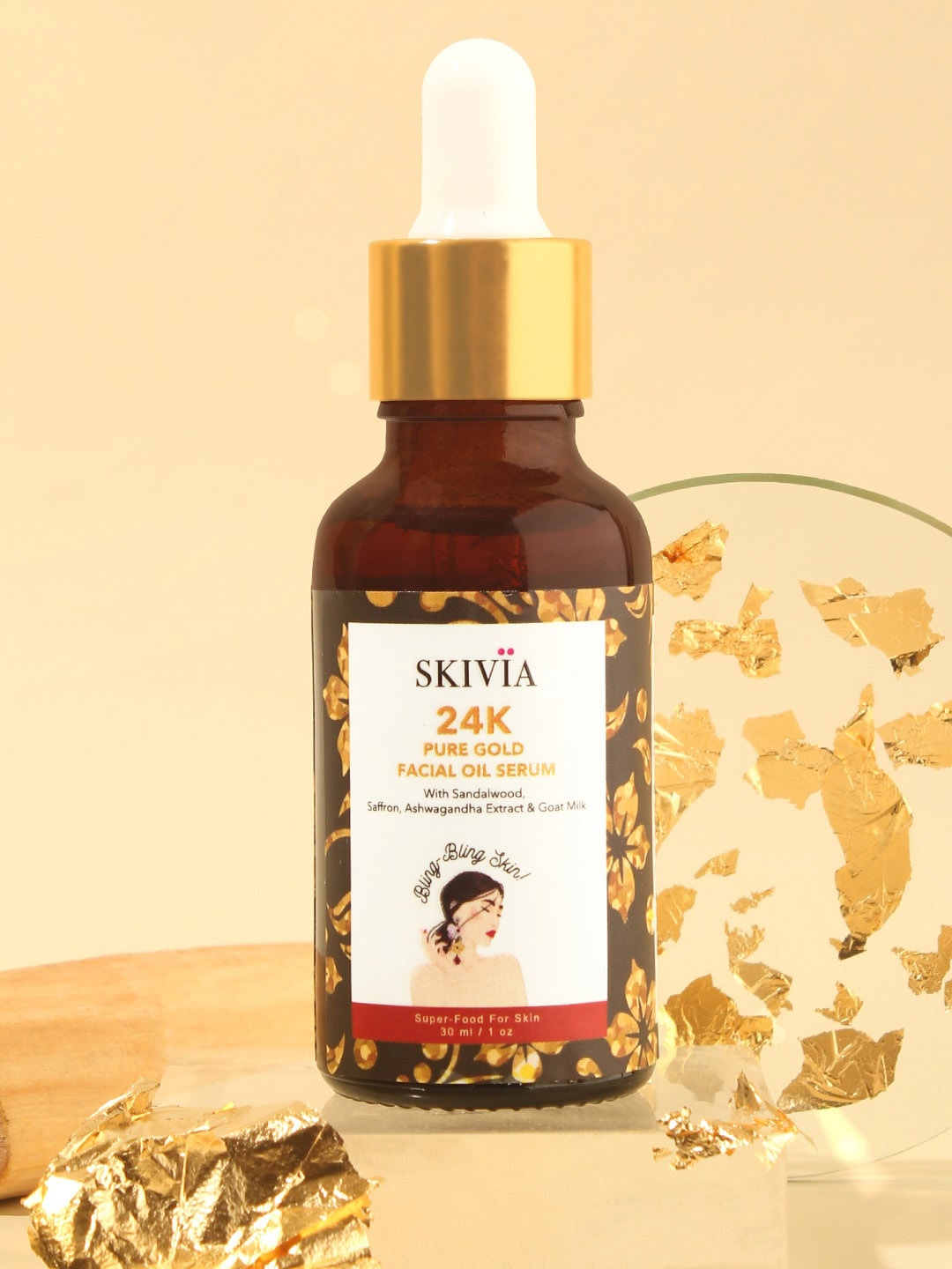 

SKIVIA 24K Pure Gold Facial Oil Serum with Sandalwood & Saffron to Revive Elasticity-30 ml, Brown