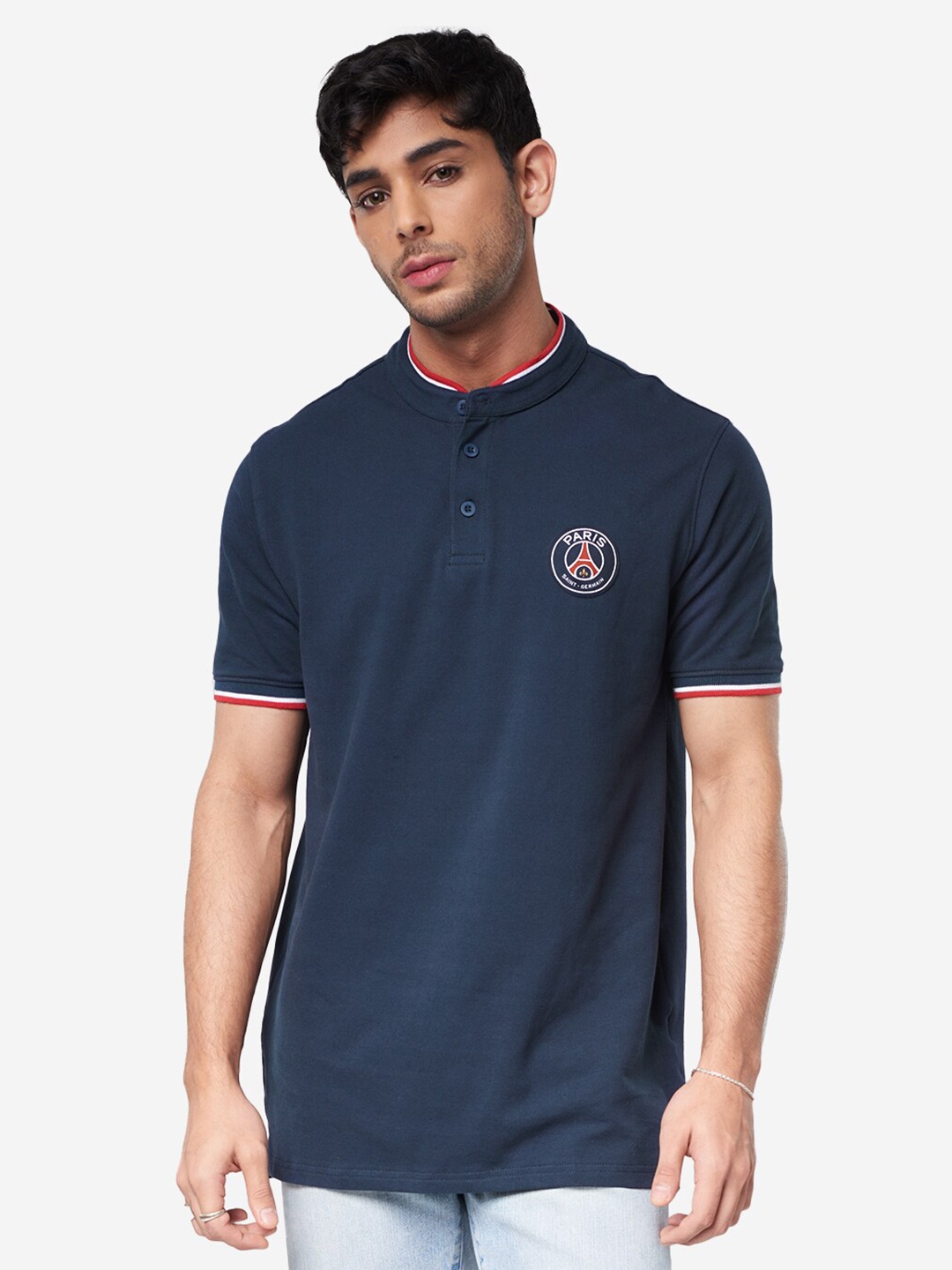 

The Souled Store Men Blue Paris Saint-Germain Mandarin Collar T-shirt