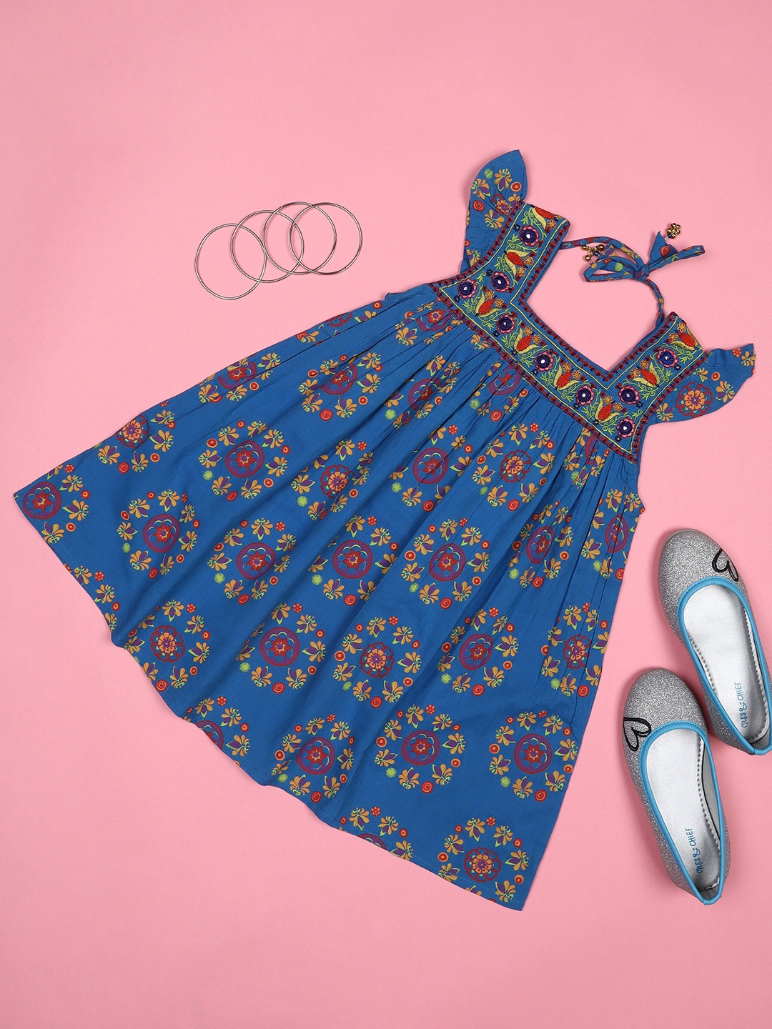 

Ka-mee Girls Blue Printed A-Line Cotton Dress