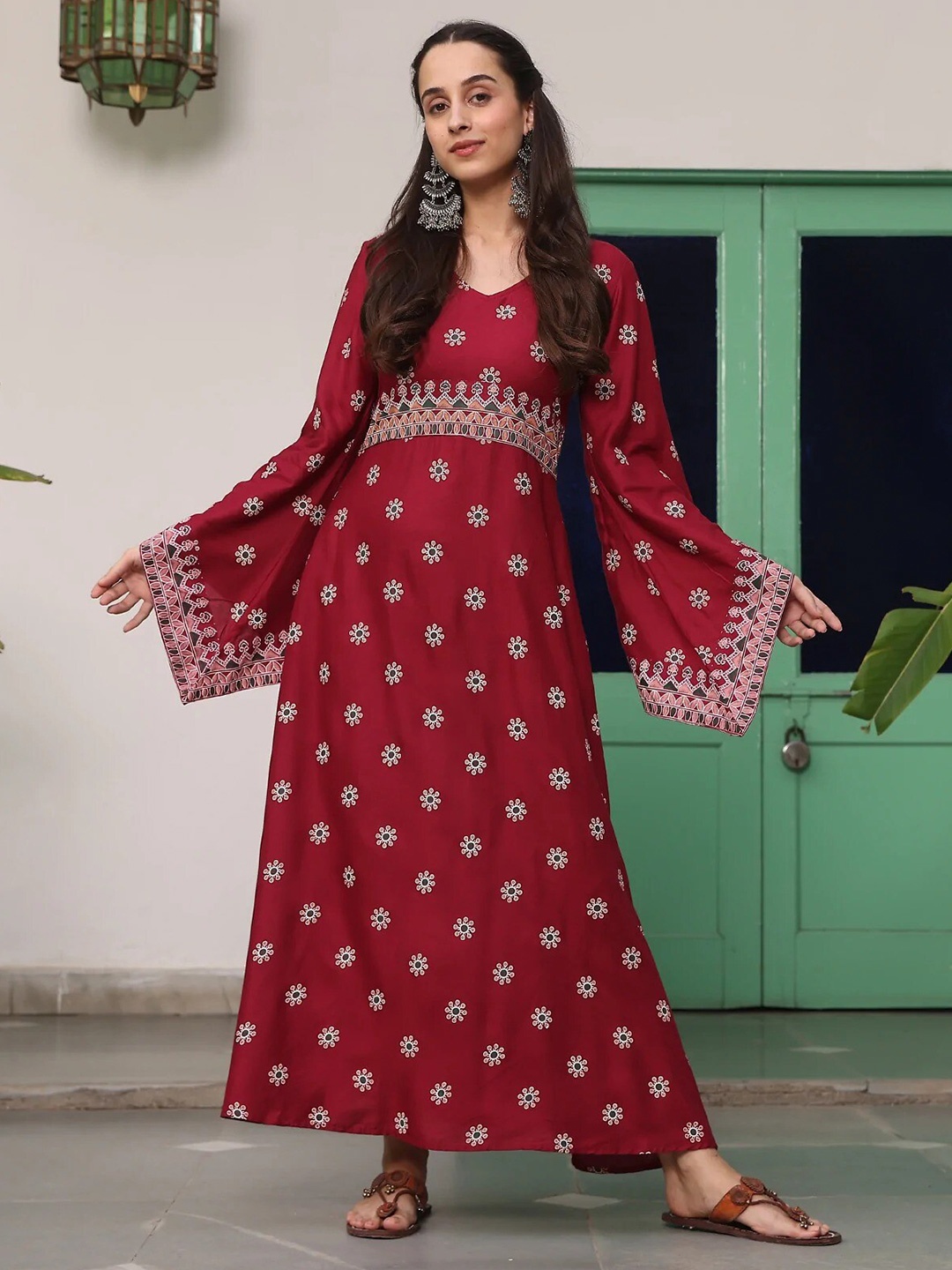 

Rustorange Maroon Ethnic Motifs Maxi Dress