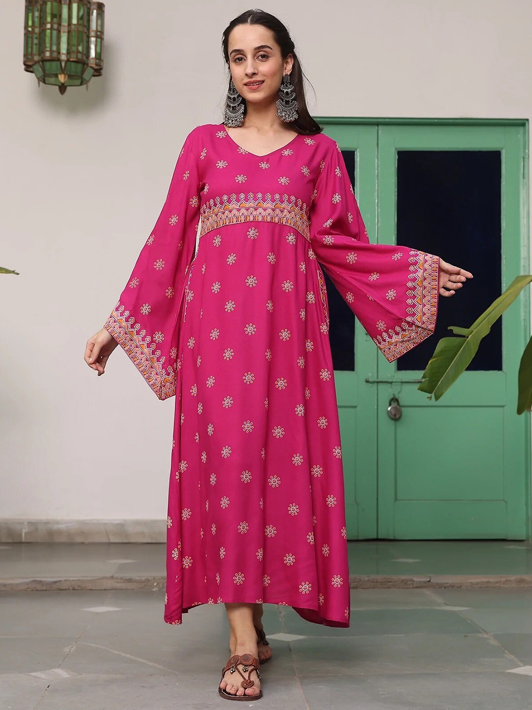 

Rustorange Pink Ethnic Motifs Maxi Dress