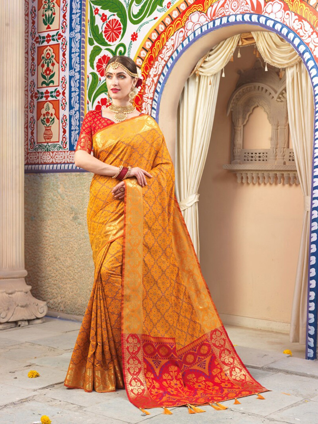 

Ethnic Junction Mustard & Red Woven Design Silk Blend Banarasi Saree