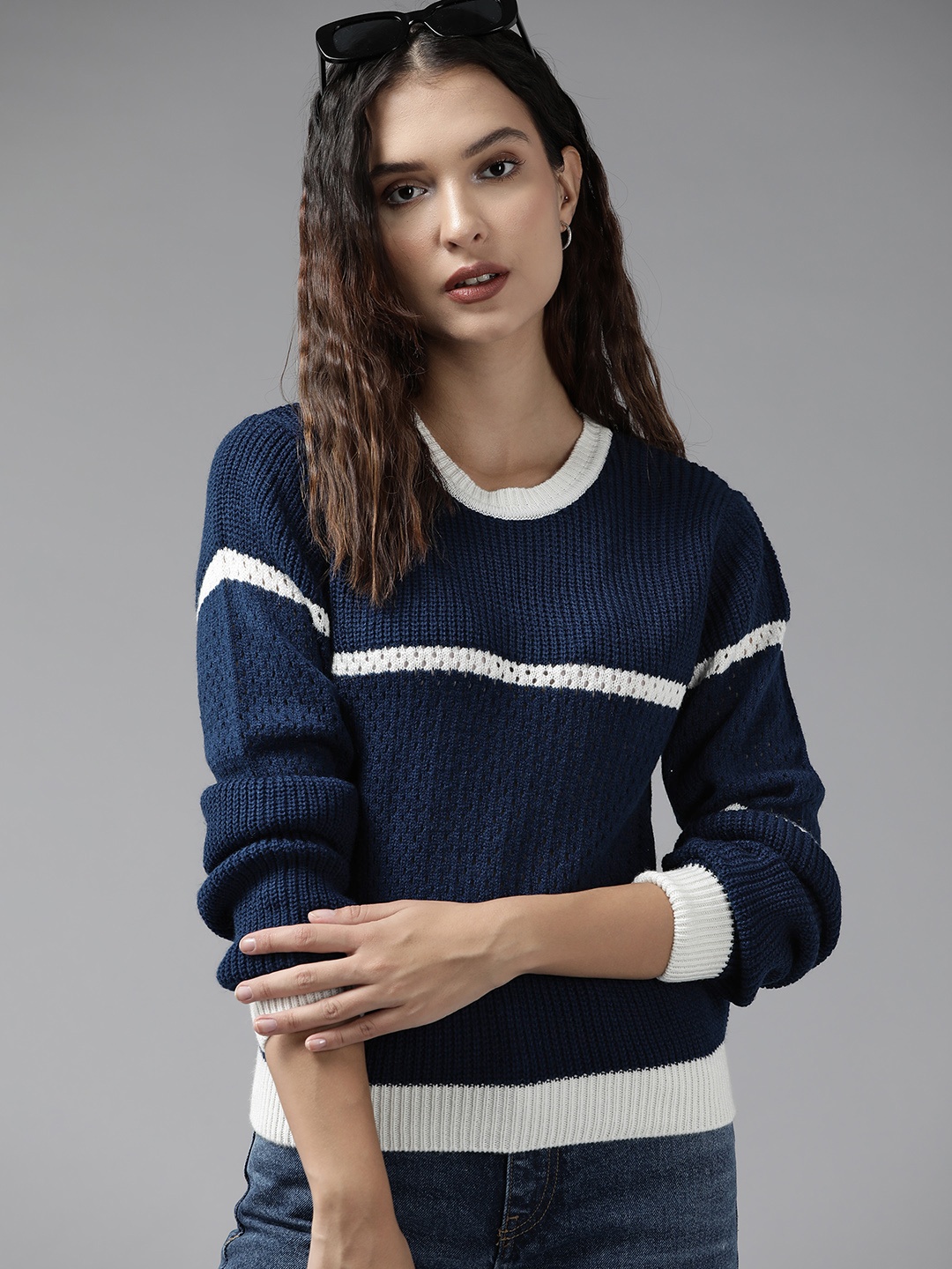 

Roadster Women Navy Blue & White Striped Pullover