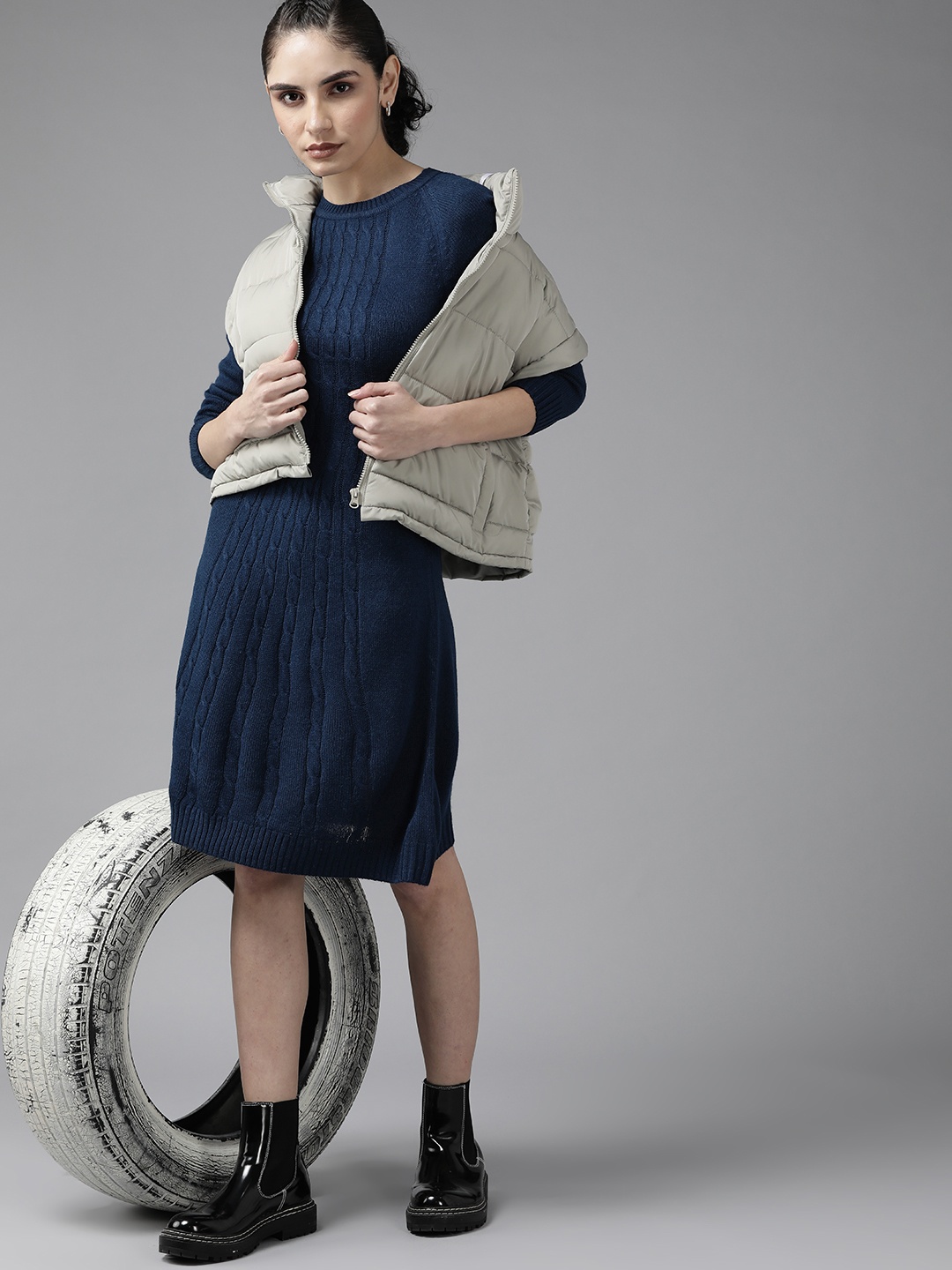 

Roadster Women Blue Cable Knit Sweater Dress