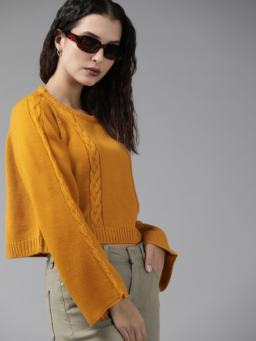 

Roadster Women Mustard Yellow Cable Knit Pullover
