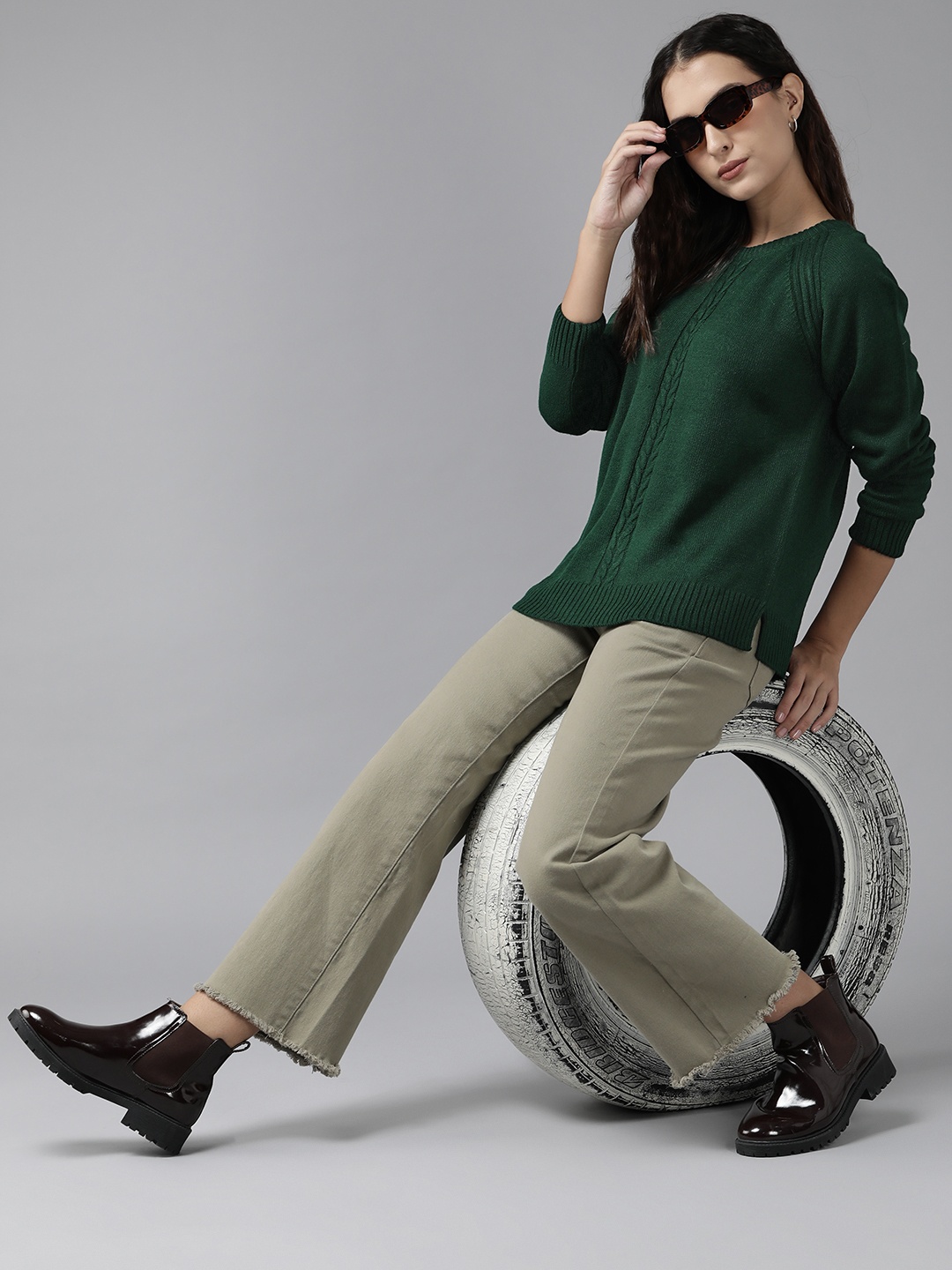 

Roadster Women Green Cable Knit Acrylic Pullover