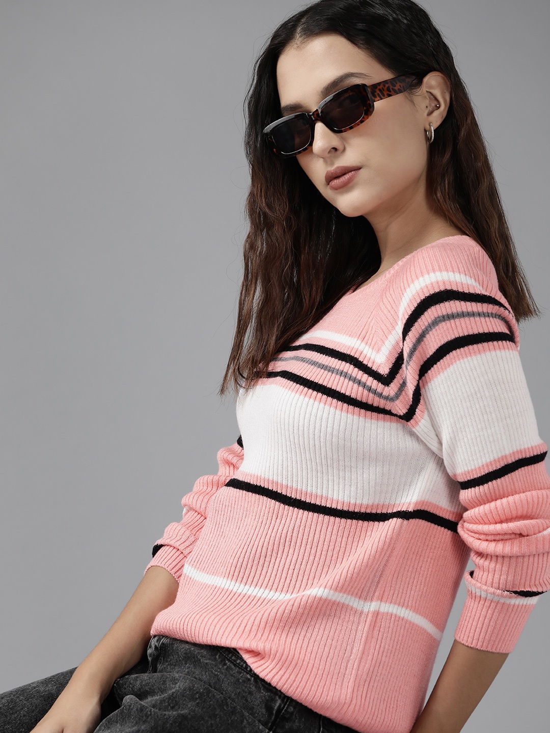 

Roadster Women Pink & White Striped Acrylic Pullover
