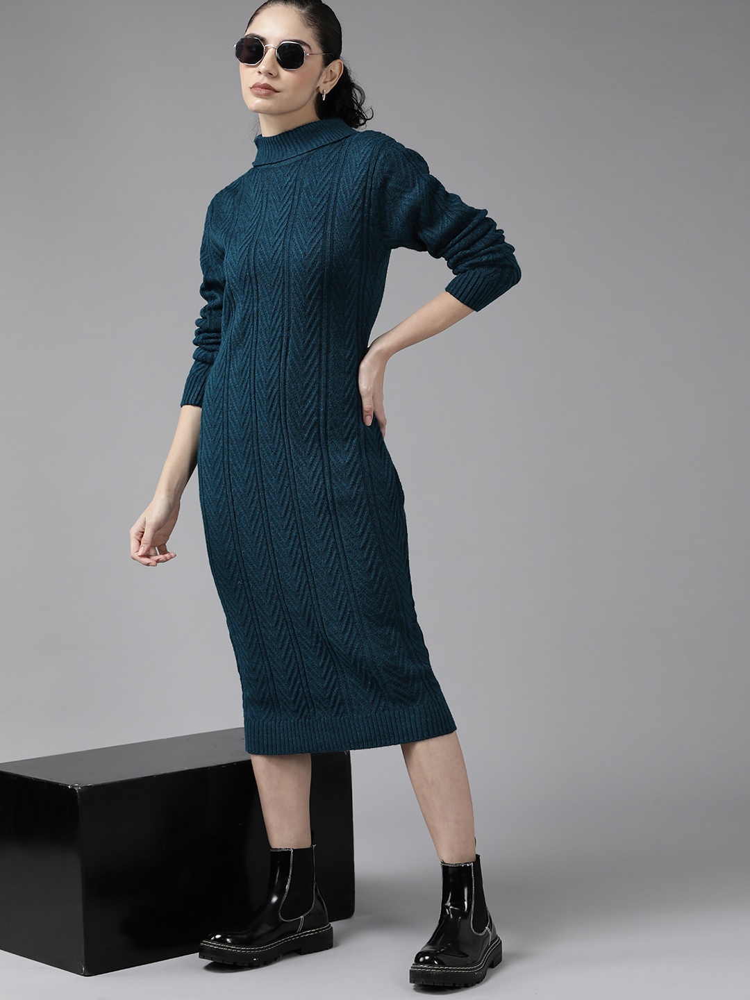 Roadster Women Teal Blue Self-Design Sweater Dress