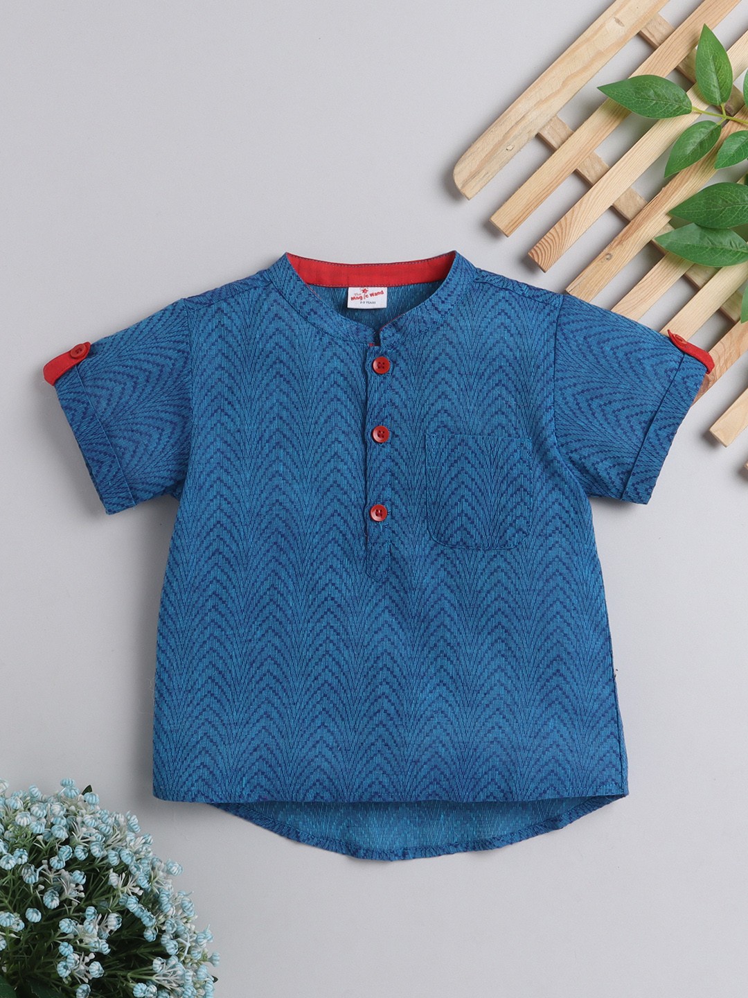 

The Magic Wand Boys Blue Geometric Summer Sheers Dobby Cotton Kurta