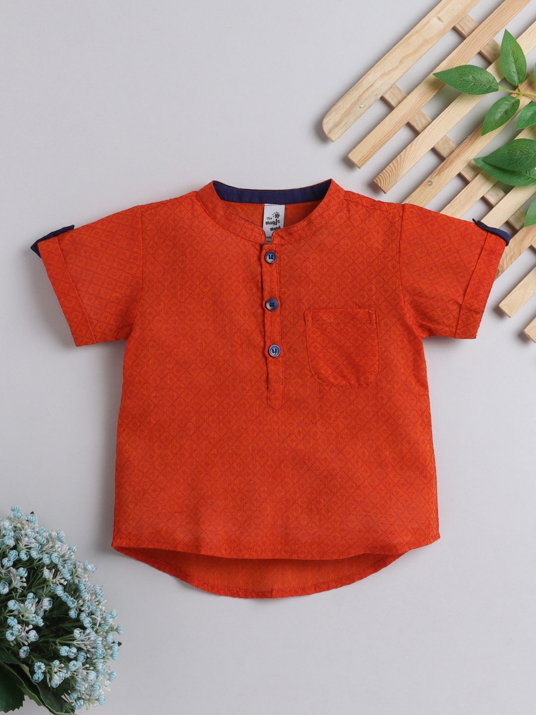 

The Magic Wand Boys Red Ethnic Motifs Summer Sheers Dobby Cotton Kurta