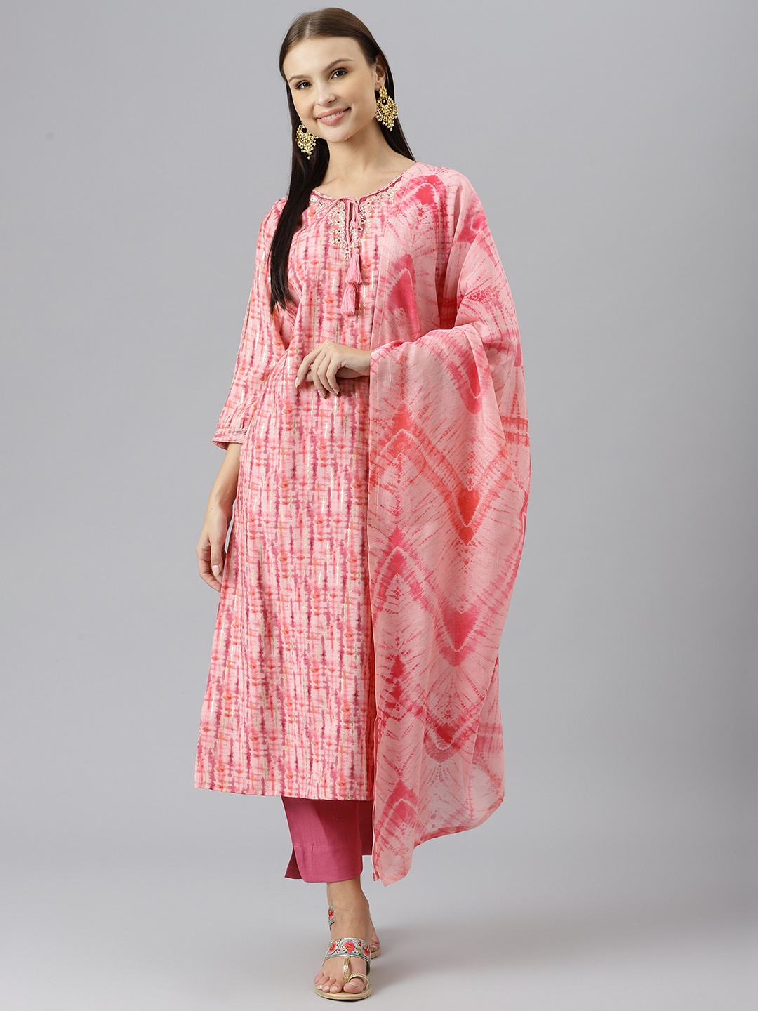 Divena Women Pink Embroidered Thread Work Kurta with Trousers & With Dupatta