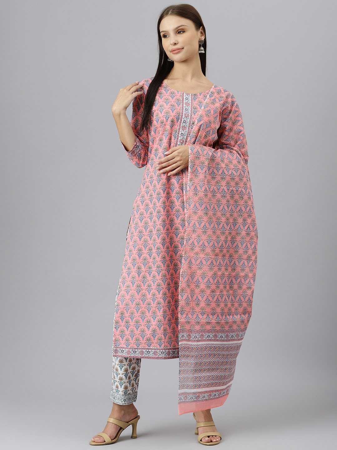 

Divena Women Pink Printed Gotta Patti Pure Cotton Kurta with Trousers & Dupatta