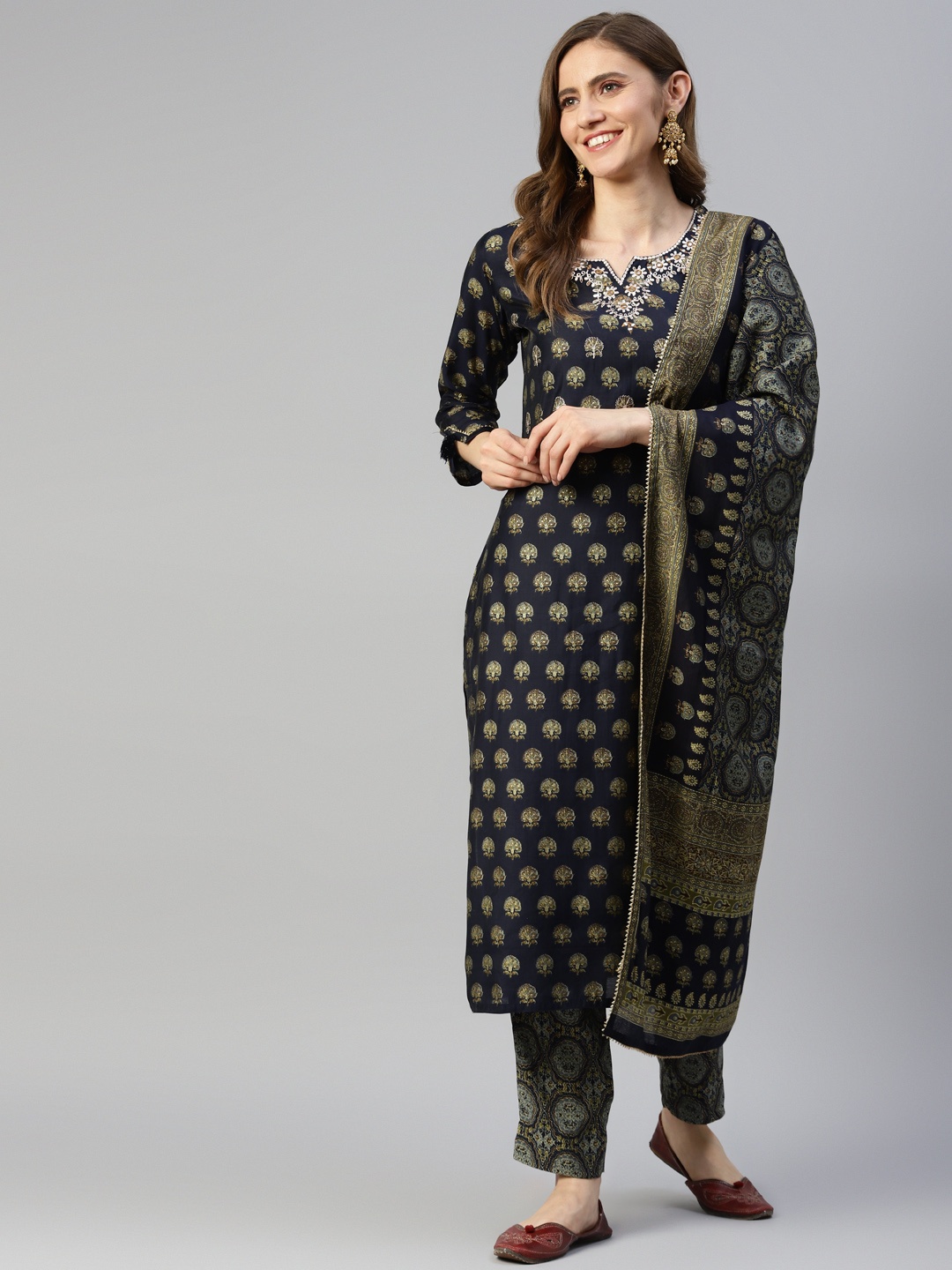 

Divena Women Navy Blue Bandhani Embroidered Thread Work Kurta with Trousers & With Dupatta