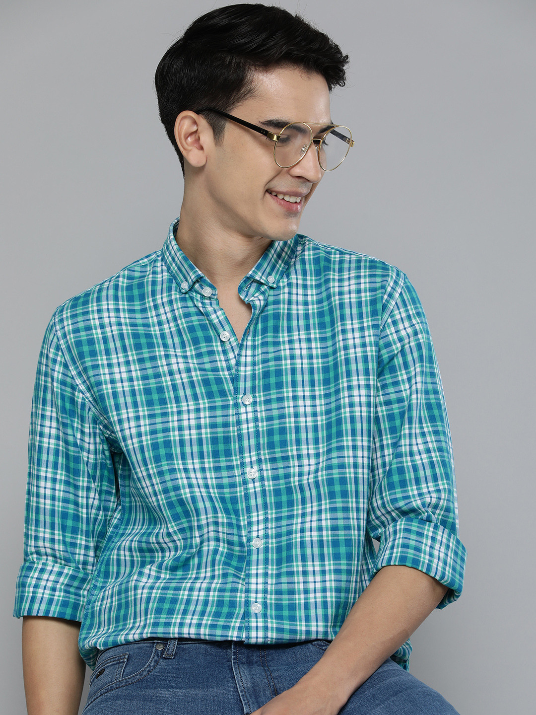 

Mast & Harbour Men Blue Tartan Checked Pure Cotton Casual Shirt