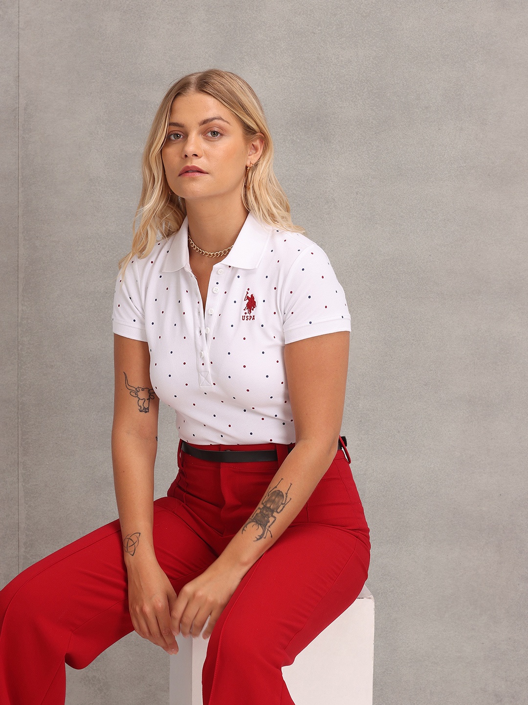 

U S Polo Assn Women White Printed Polo Collar Slim Fit T-shirt