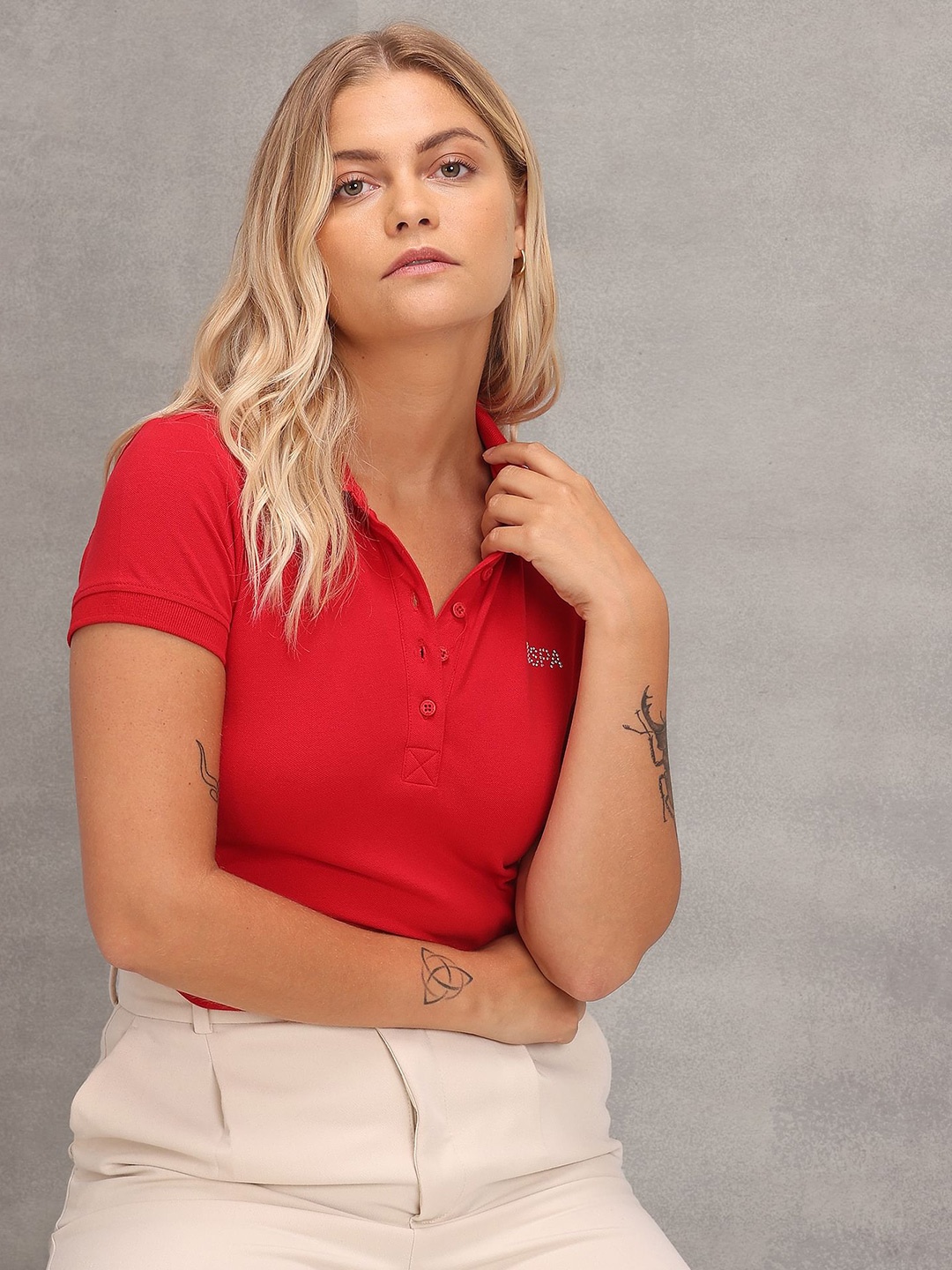 

U.S. Polo Assn. Women Women Red Typography Printed Polo Collar Slim Fit Cotton T-shirt