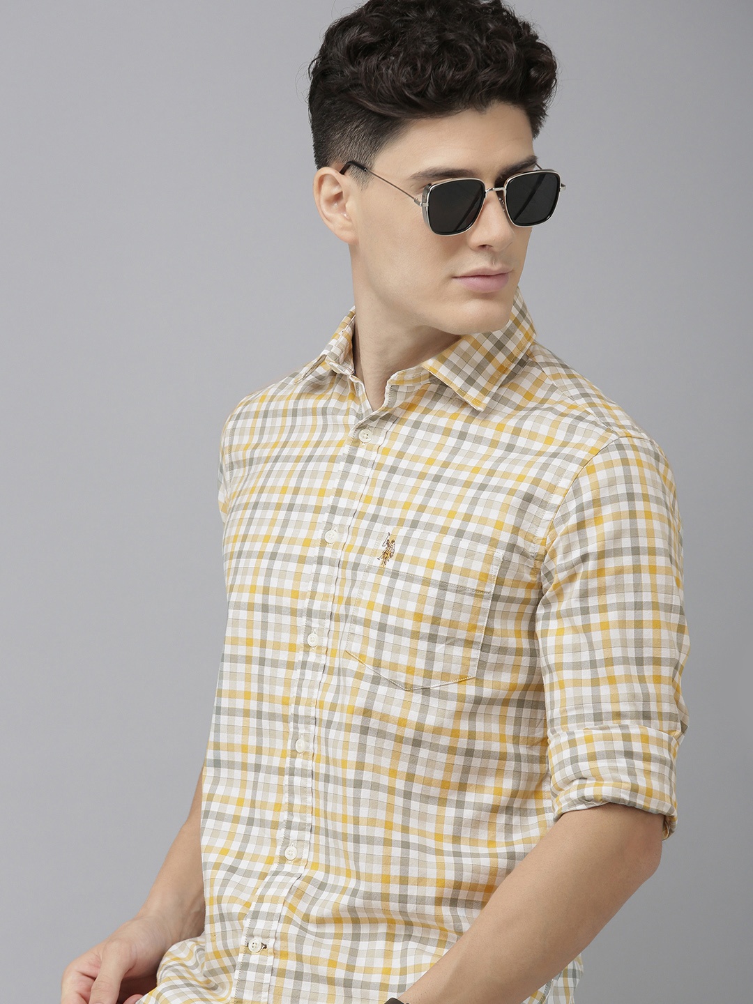 

U S Polo Assn Men Mustard And Blue Standard Tailored Fit Checked Pure Cotton Casual Shirt