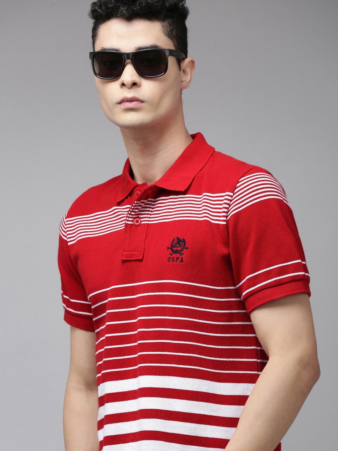 

U S Polo Assn Men Red & White Striped Polo Collar Slim Fit Pure Cotton T-shirt