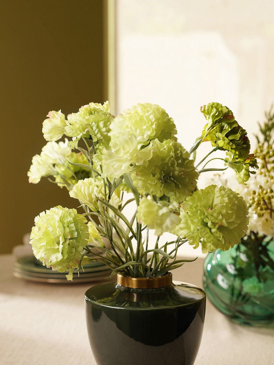 

Pure Home and Living Set Of 2 Green Artificial Carnation Flower Stems