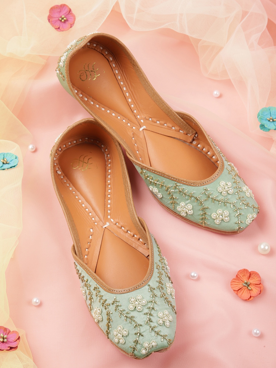 

House of Pataudi Women Mint Green & Silver Ethnic Embellished Mojaris