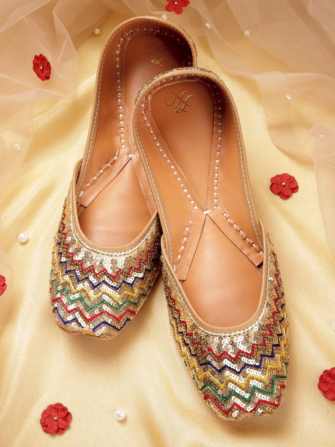 

House of Pataudi Women Sequins & Thread Work Embellished Ethnic Mojaris, Gold