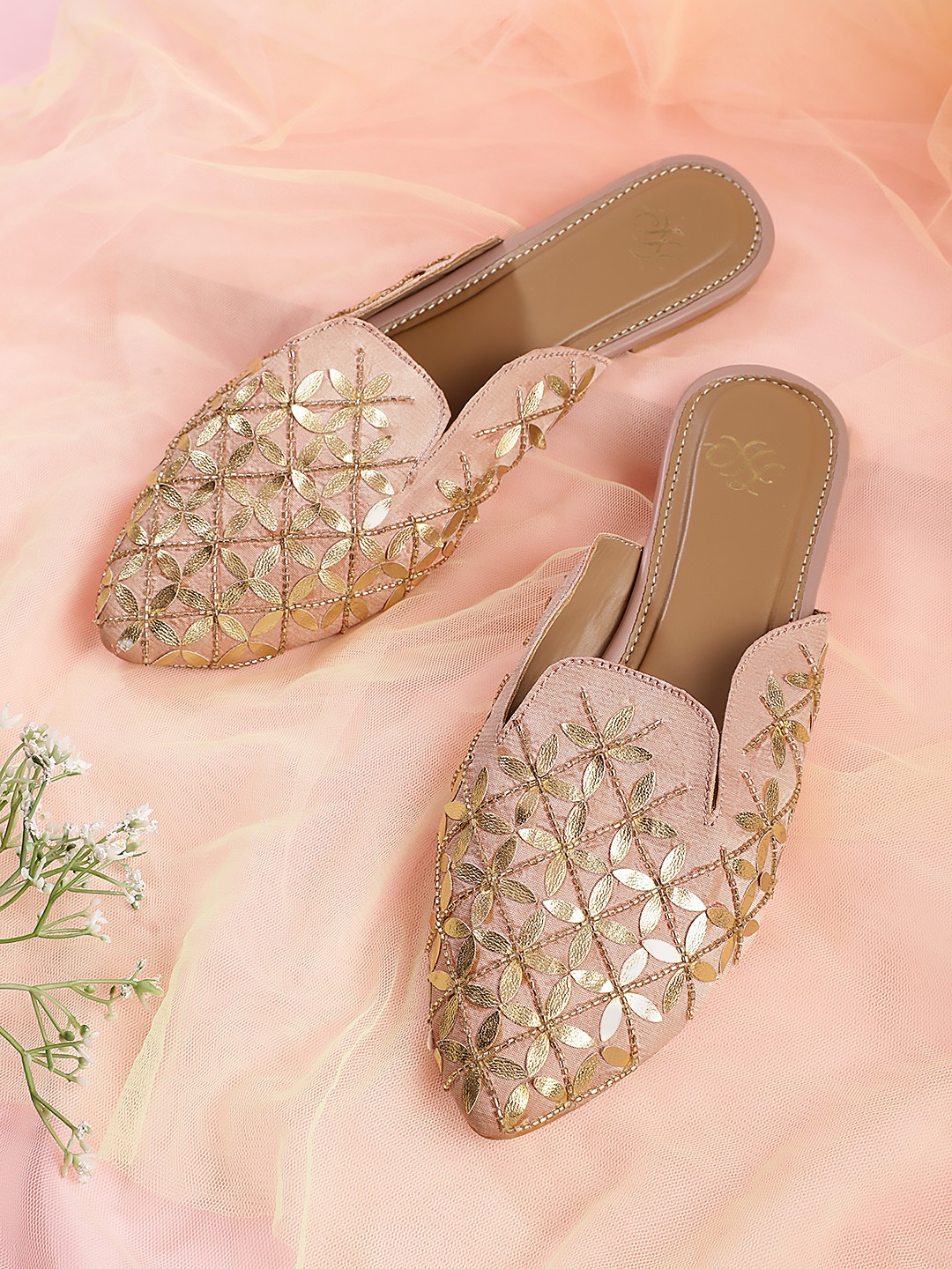

House of Pataudi Women Ethnic Embellished Mules, Beige