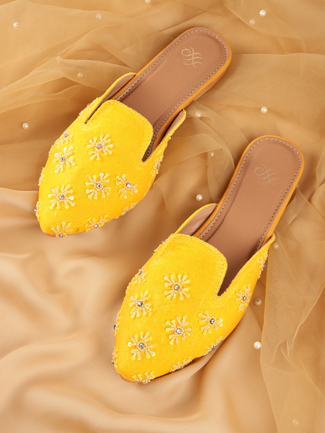 

House of Pataudi Women Handcrafted Embellished Ethnic Mules, Yellow