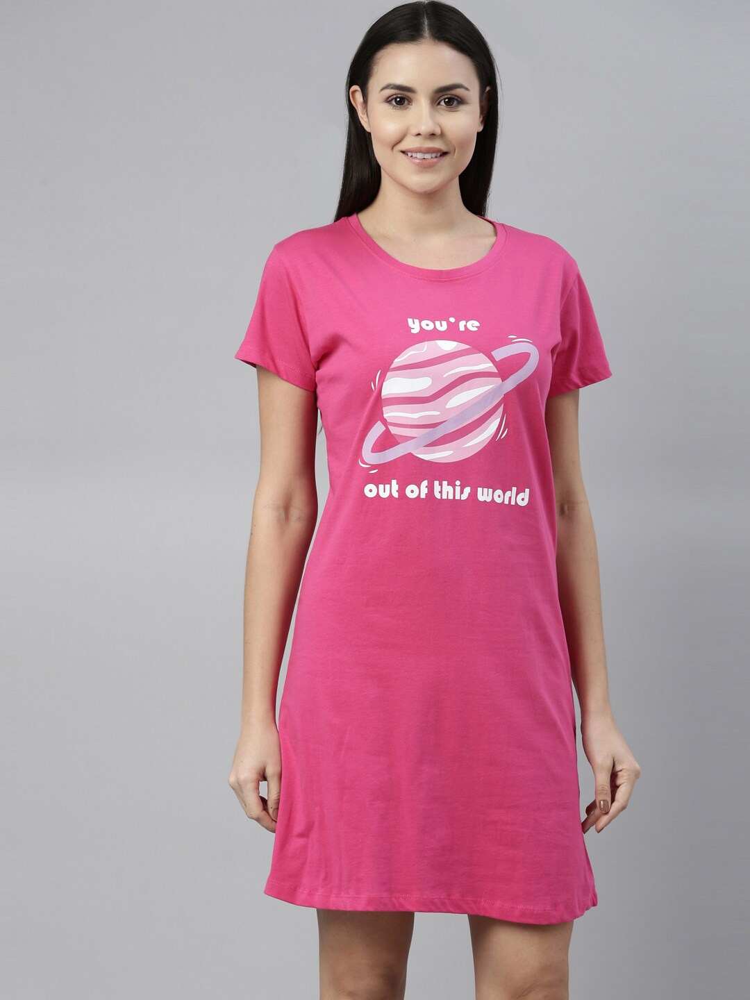 

Curare Women Pink Printed Pure Cotton Nightdress CLT-FUSCIA2