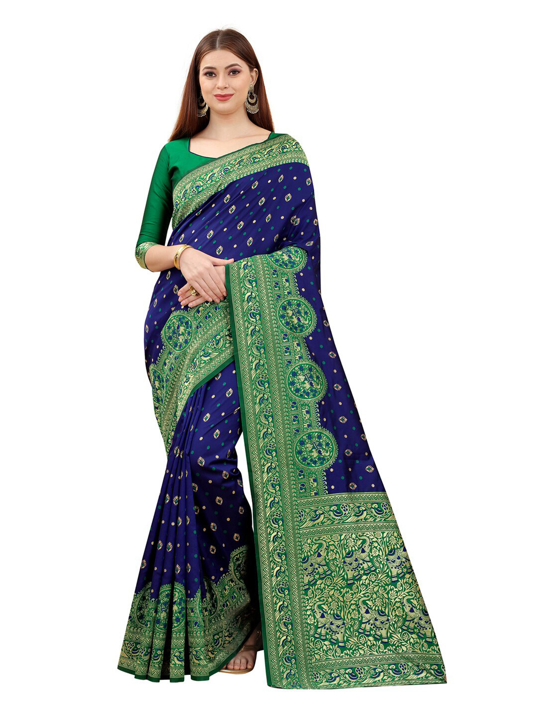 

MOKSHA DESIGNS Blue & Green Woven Design Zari Pure Silk Kanjeevaram Saree