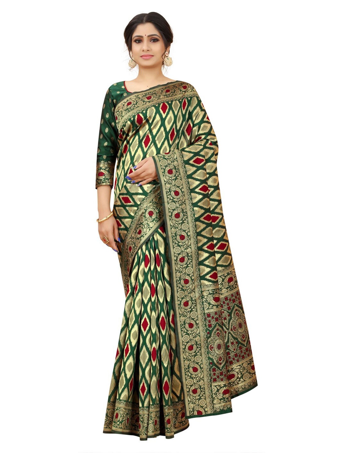 

MOKSHA DESIGNS Green & Red Ethnic Motifs Zari Pure Silk Kanjeevaram Saree