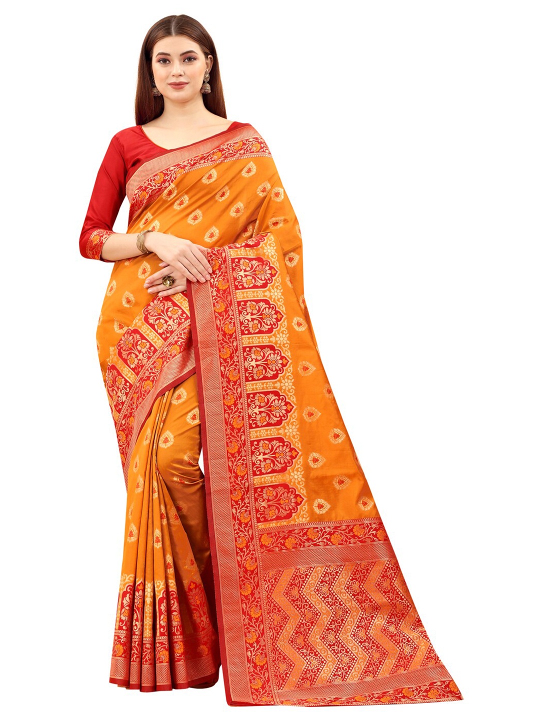 

MOKSHA DESIGNS Orange & Red Ethnic Motifs Zari Pure Silk Kanjeevaram Saree