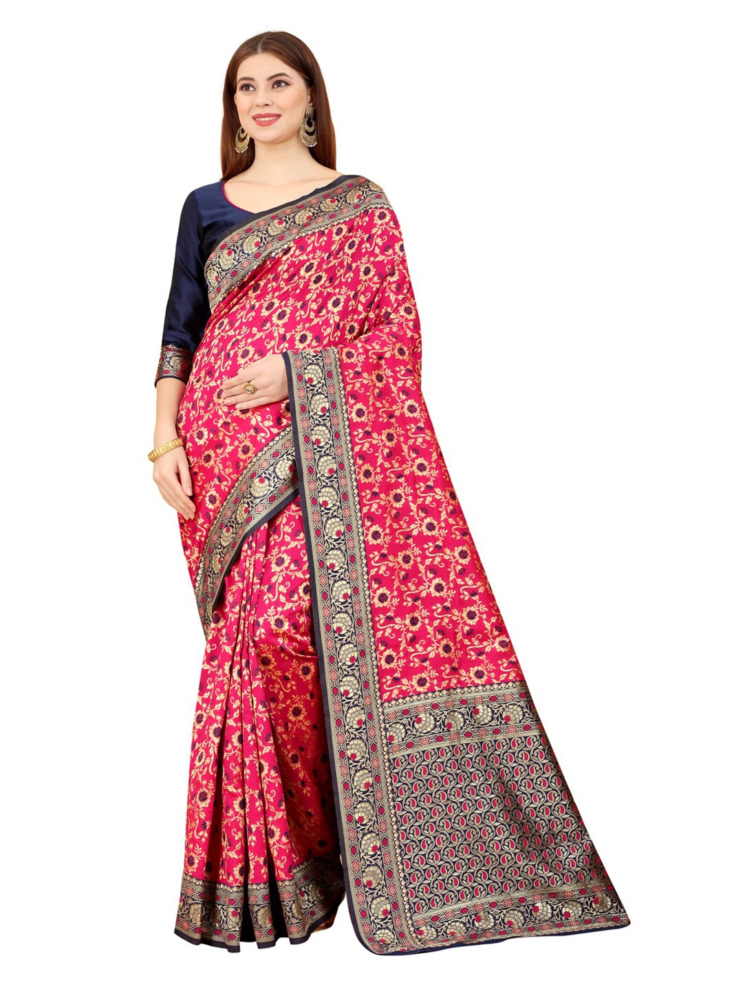 

MOKSHA DESIGNS Pink & Blue Woven Design Zari Pure Silk Kanjeevaram Saree