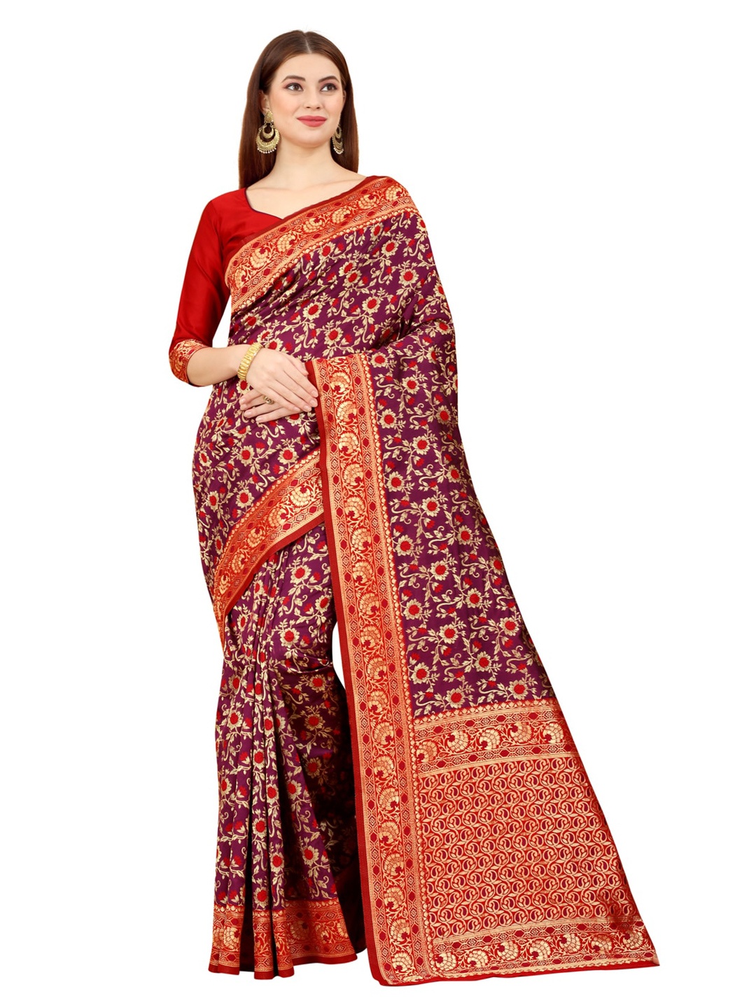 

MOKSHA DESIGNS Burgundy & Gold-Toned Floral Zari Pure Silk Kanjeevaram Saree