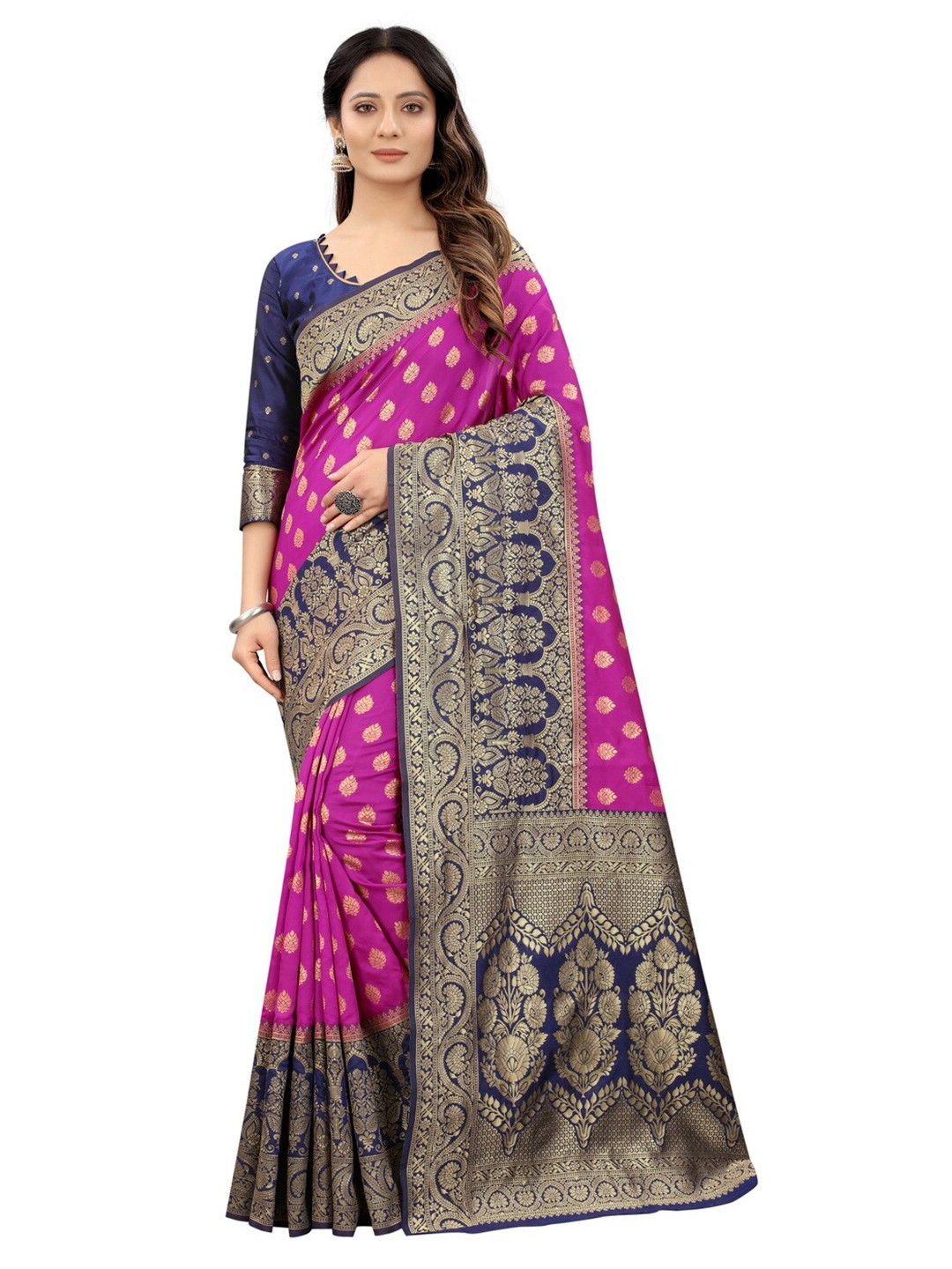 

MOKSHA DESIGNS Purple & Navy Blue Woven Design Zari Pure Silk Kanjeevaram Saree