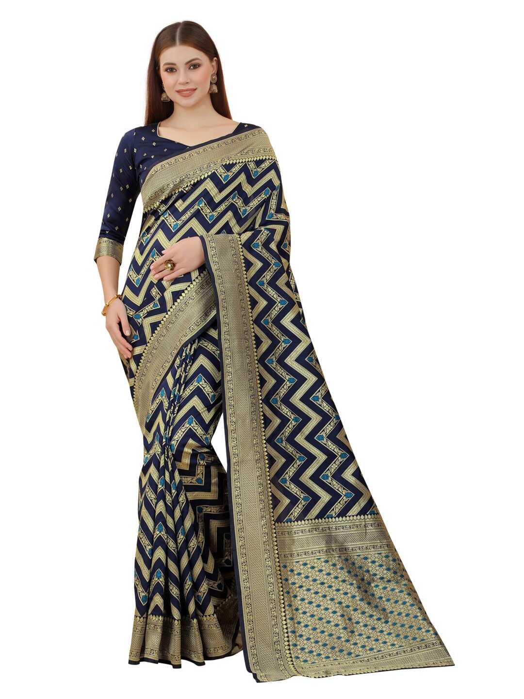 

MOKSHA DESIGNS Blue & Gold-Toned Woven Design Zari Pure Silk Kanjeevaram Saree