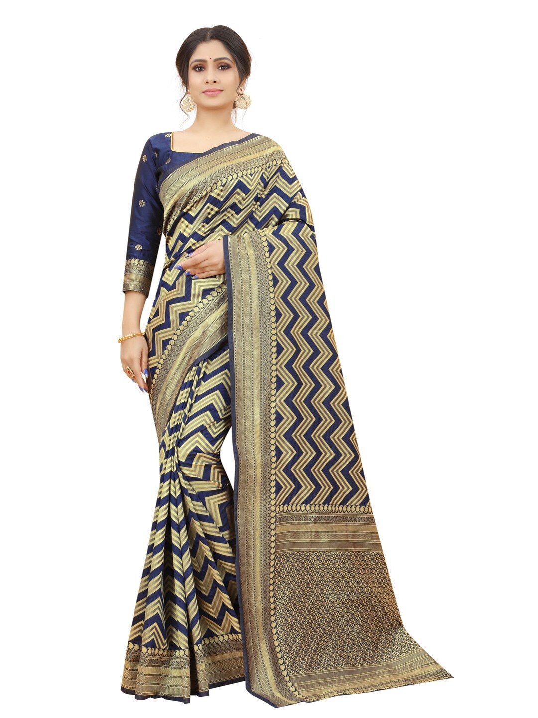 

MOKSHA DESIGNS Navy Blue & Gold-Toned Zari Pure Silk Kanjeevaram Saree