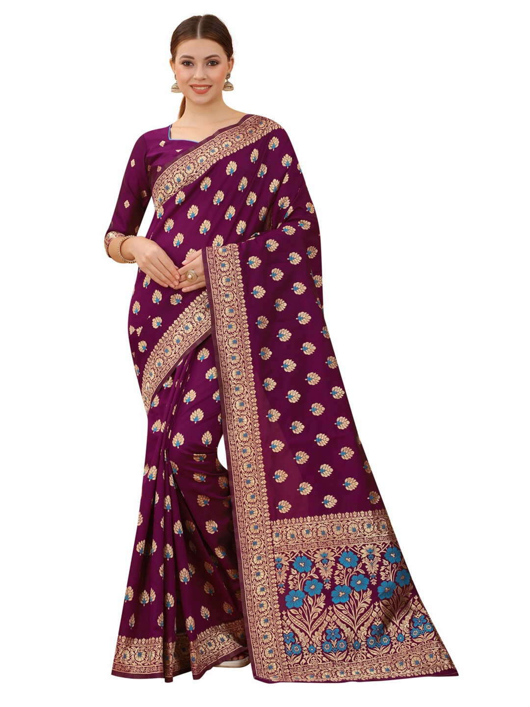 

MOKSHA DESIGNS Burgundy & Gold-Toned Woven Design Zari Pure Silk Kanjeevaram Saree