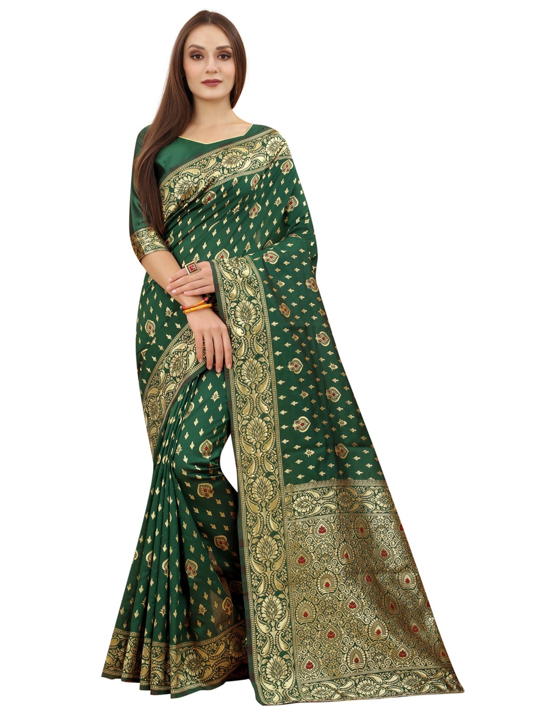 

MOKSHA DESIGNS Green & Gold-Toned Ethnic Motifs Zari Pure Silk Kanjeevaram Saree