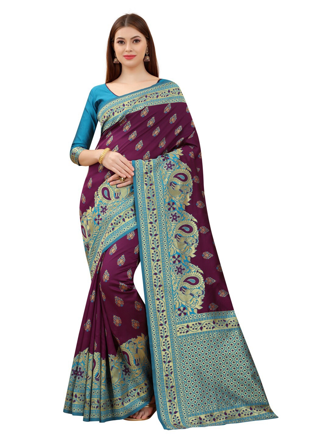 

MOKSHA DESIGNS Burgundy & Blue Ethnic Motifs Zari Pure Silk Kanjeevaram Saree