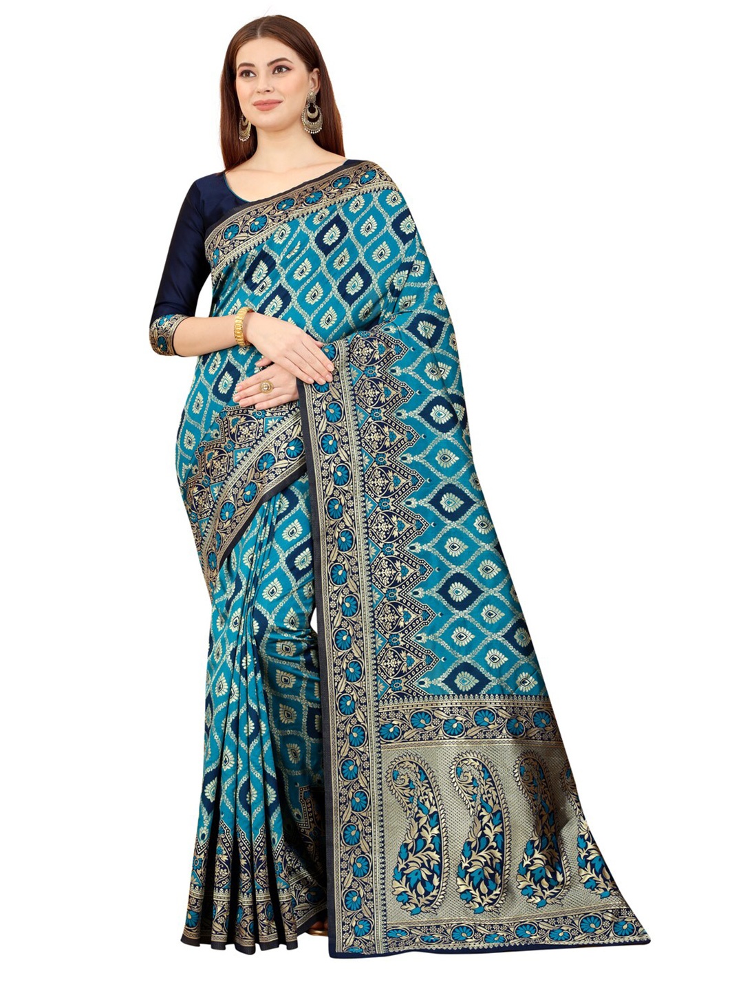 

MOKSHA DESIGNS Blue & Gold-Toned Woven Design Zari Pure Silk Kanjeevaram Saree