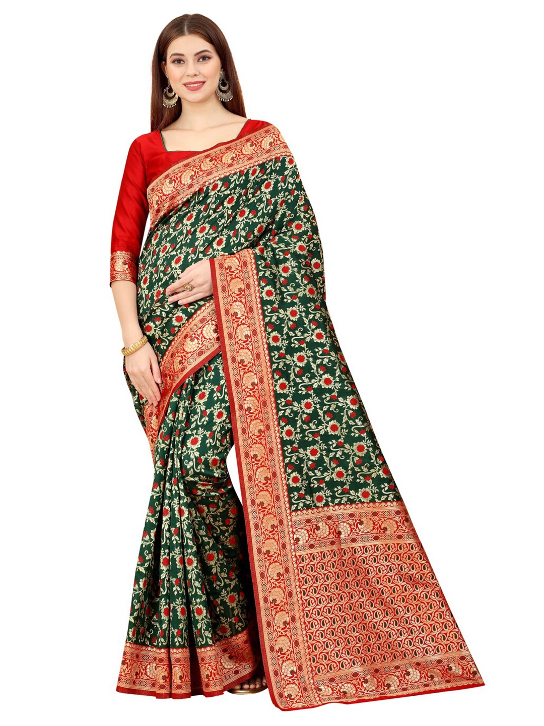 

MOKSHA DESIGNS Green & Red Ethnic Motifs Zari Pure Silk Kanjeevaram Saree