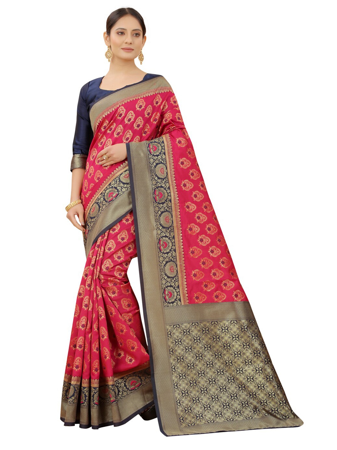 

MOKSHA DESIGNS Pink & Blue Woven Design Zari Pure Silk Kanjeevaram Saree